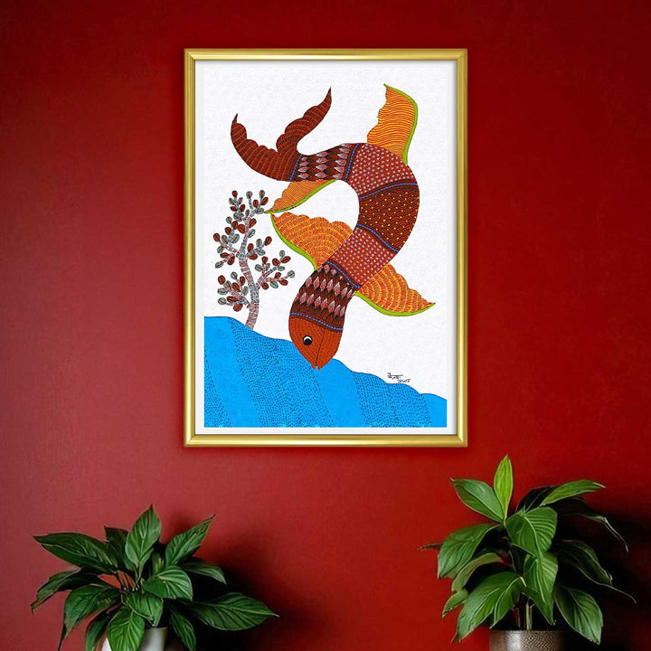 11 x 15 Inch | Fish Diving Into Water | Original Hand painted Tribal Gond Art Painting | Acrylic Paints On Paper