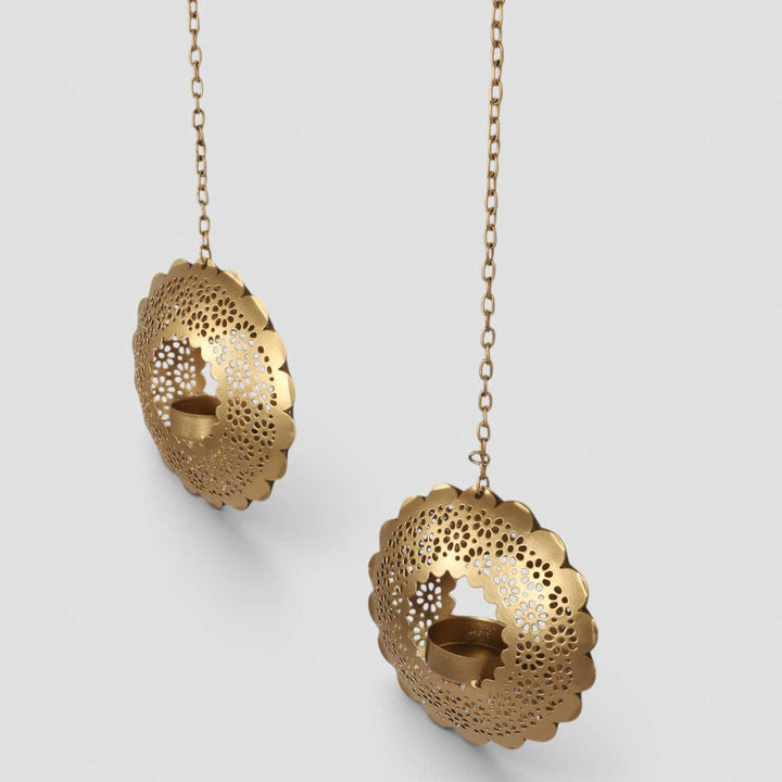 Set of 2 | Handmade Round Etched Hanging Metal Votive Tealight Holders For Festive Decor
