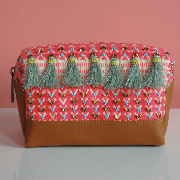 Handmade Embroidered Pink Color Jacquard Pouch