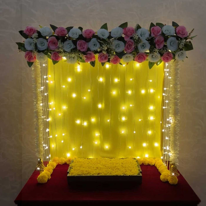 Royal Mandap Backdrop Decor Kit With Artificial Floral Panel, Bell Garlands & Fairy Lights