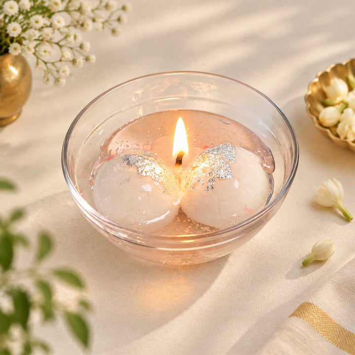Rasgulla Handmade Wax Scented Mithai Candle In Glass Bowl For Festive Gifting