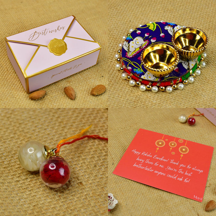 Beaded Infinity Pearl And Stone Bracelet Rakhi Hamper With Chocolates And Roli Chawal For Brother Customizable Options Includes Up To 7 Goodies - Rakhi accessories with packaging