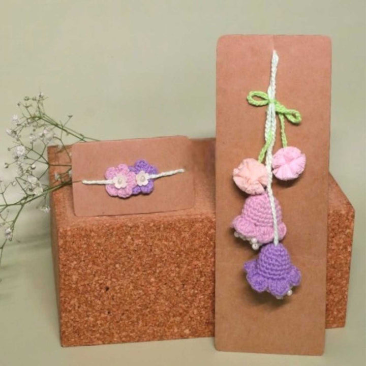 Handmade Crochet Forever Flowers Kids Rakhi With Roli Chawal Copy - Crochet necklace and bracelet on display cards