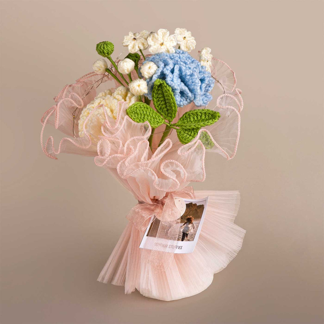 Handmade Crochet Morning Blue Flower Bouquet With Lights | Includes Photo & Greeting Card