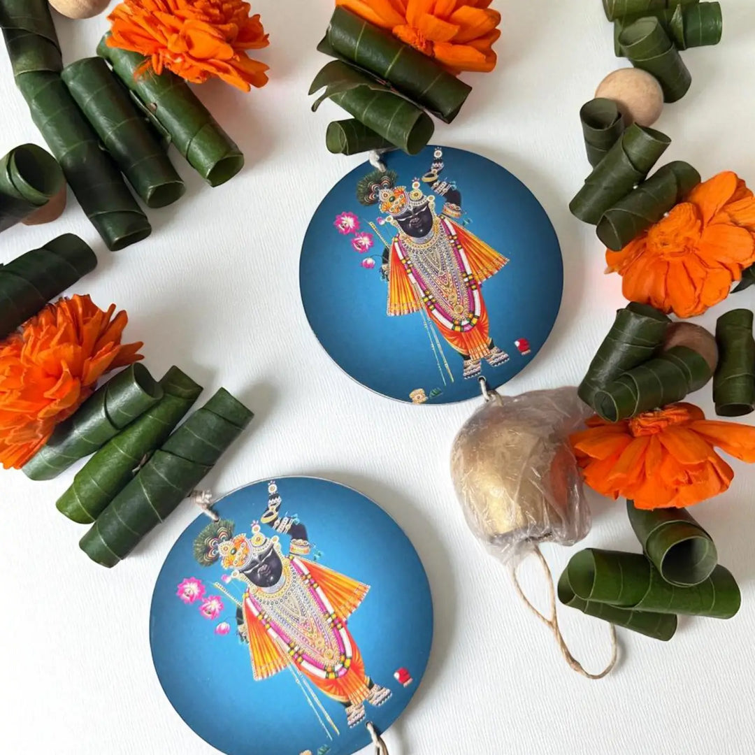Handmade Shreenathji Motif Orange Shola Flower Hanging