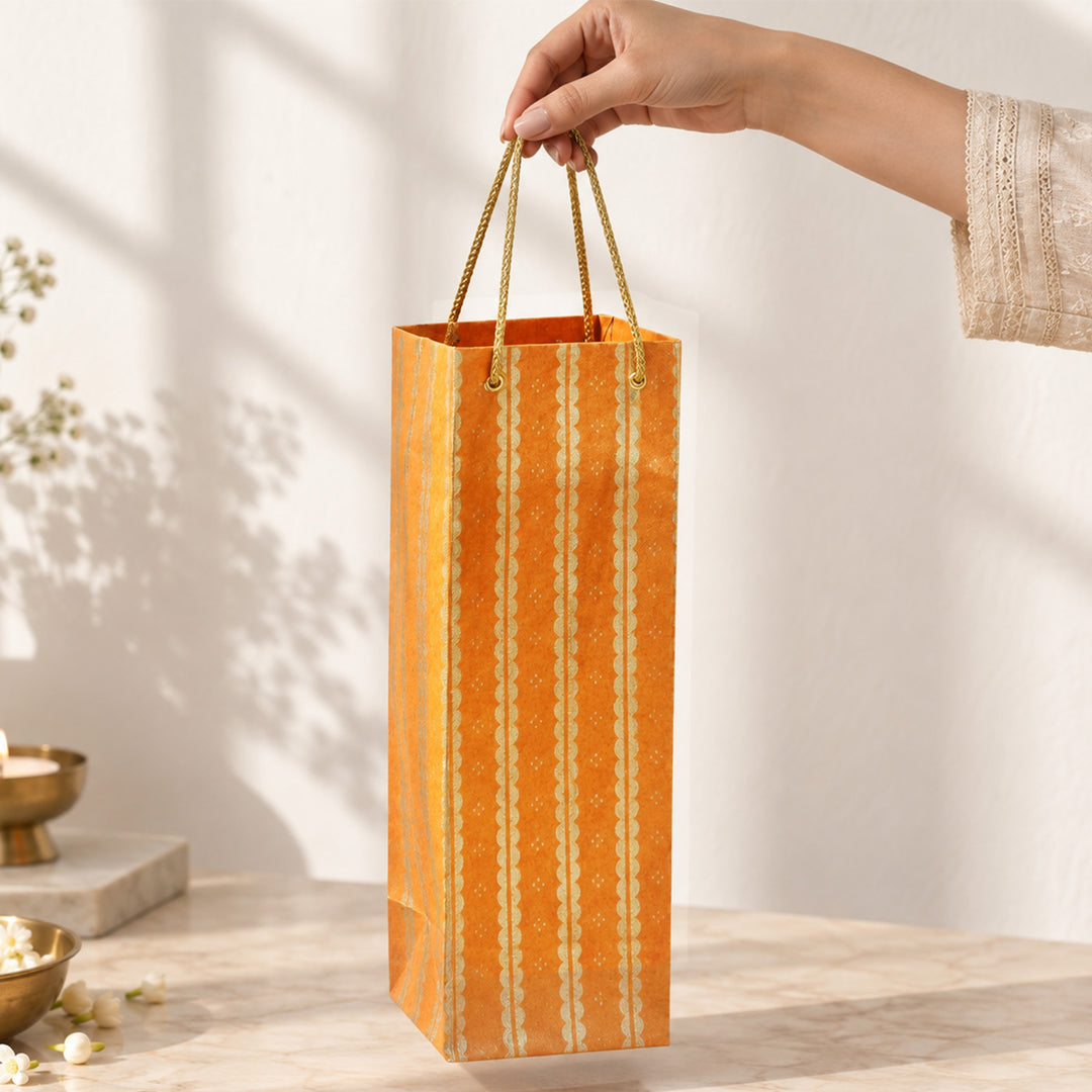 "Lace" Handmade Golden Screen Printed Bottle Paper Bag For Festive Gifting