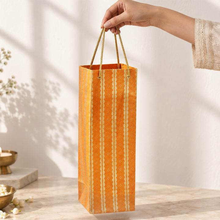 "Lace" Handmade Golden Screen Printed Bottle Paper Bag For Festive Gifting