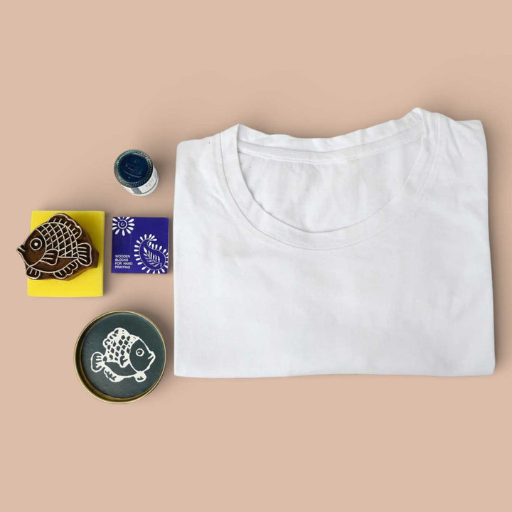 Fish Design T-shirt Block Print DIY Kit | 1 White Cotton T-shirt, 1 Fabric Paint And 1 Wooden Block