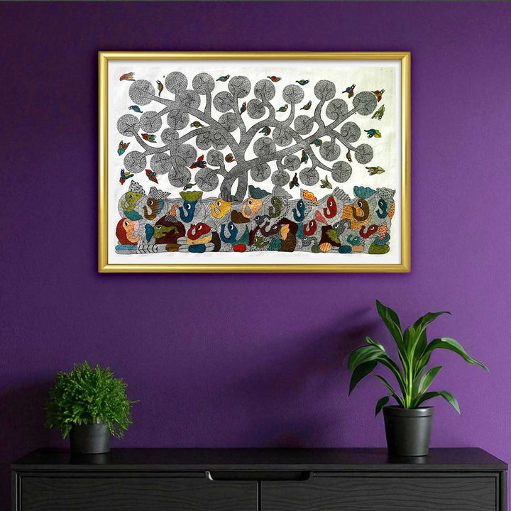 24 x 36 Inch | Earthbound and Skybound | Original Hand Painted Tribal Gond Art Painting | Acrylic Paints On Paper