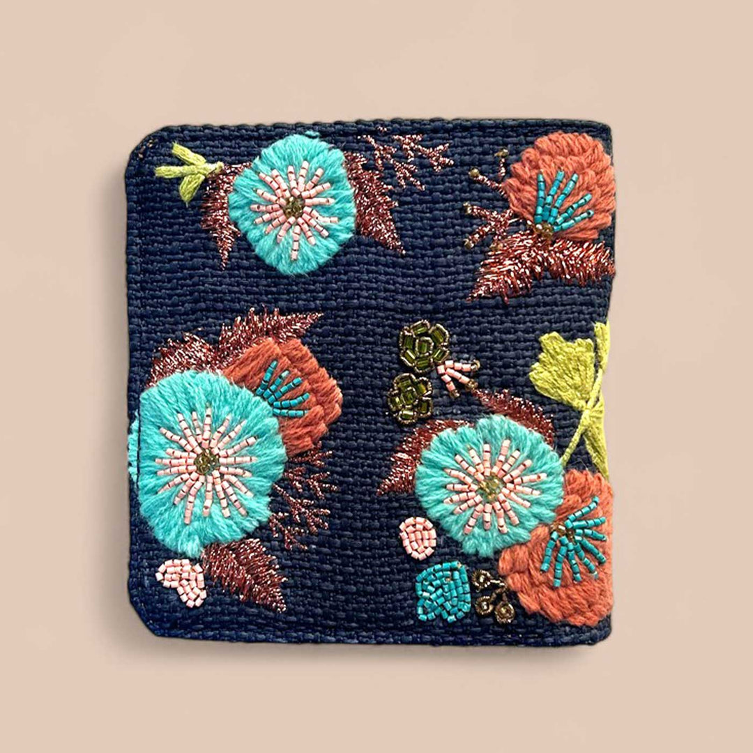 Handmade Embroidered Floral Blue Design Matrix Wallet