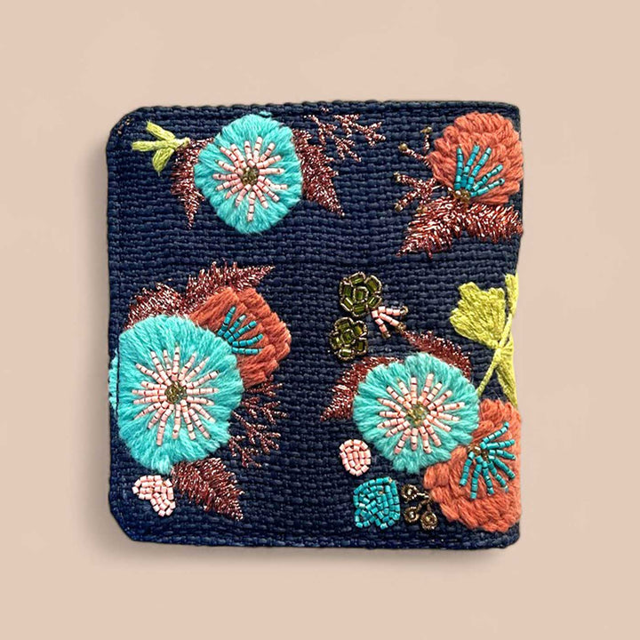Handmade Embroidered Floral Blue Design Matrix Wallet