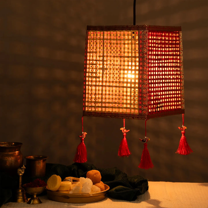 Red Zari Border Handmade Woven Bamboo Square Hanging Lampshade