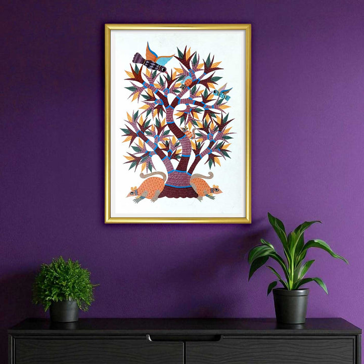 11 x 15 Inch | Tree with Birds & Animals | Original Hand painted Tribal Gond Art Painting | Acrylic Paints On Paper