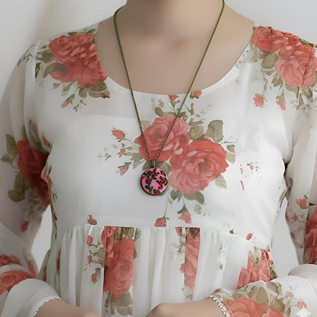 Hand Embroidered Rosy Reverie Antique Finish Necklace