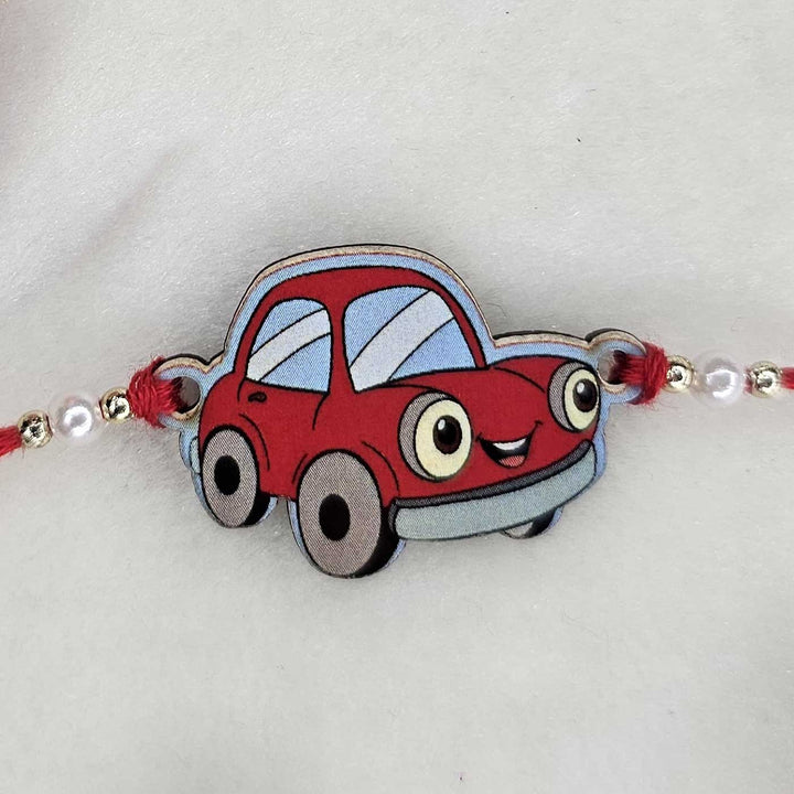 Handmade Car Theme Mdf Wood Kids Rakhi With Roli Chawal - Close-up Front View