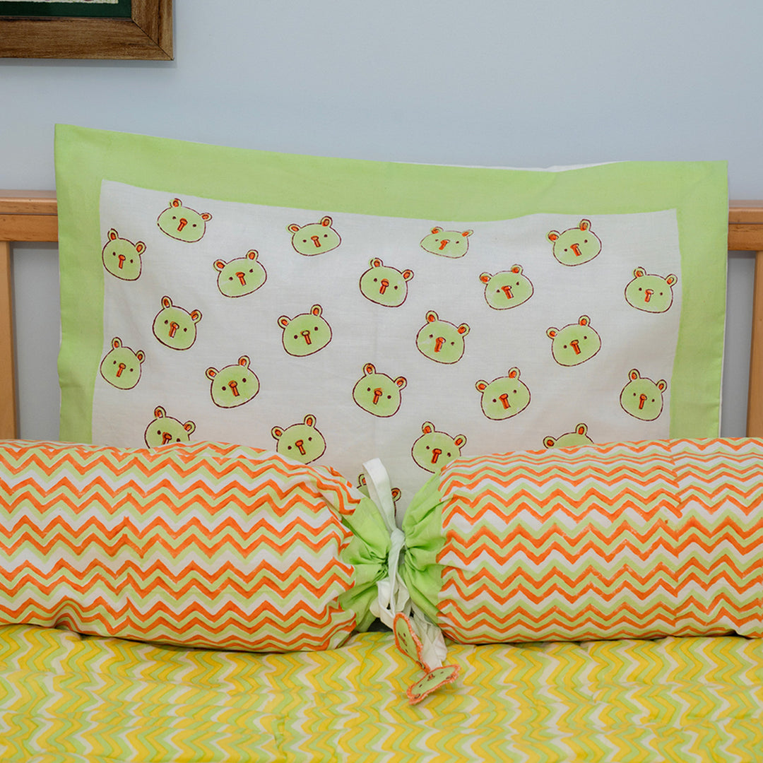 Green Panda Hand Block Printed Baby Bedding Cot Set