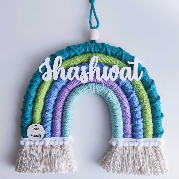 Personalized Handmade Macrame Green & Purple Rainbow Kids Name Plate With 3D Letters