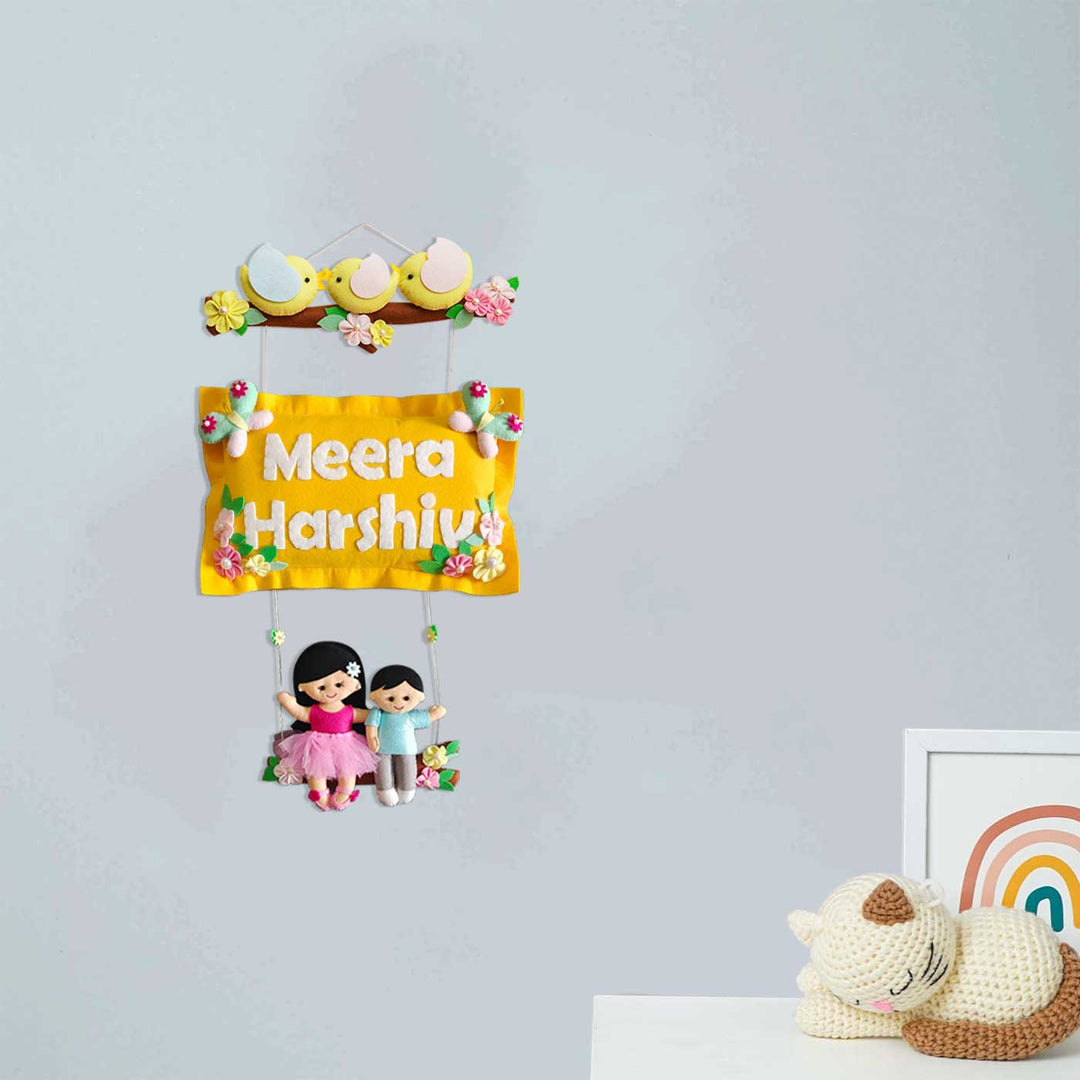 Hand Stitched Pillow Bird Themed Felt Kids Nameplate With Swing For Siblings - Hanging Name Personalization Display