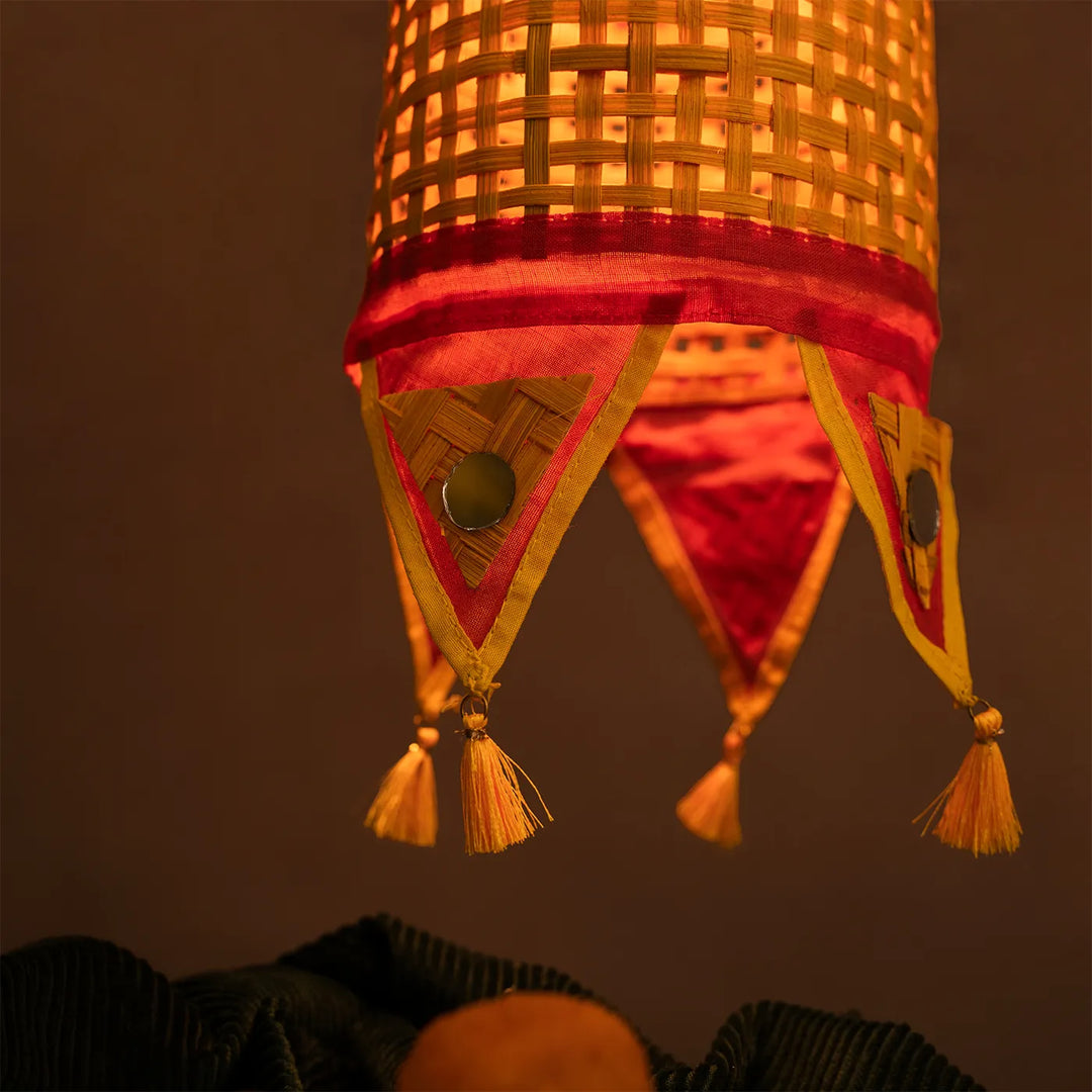 Red & Yellow Lantern Shaped Handmade Woven Bamboo Hanging Lampshade
