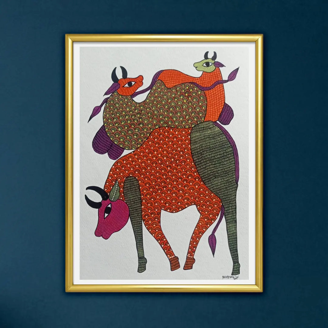 11 x 16 Inch | Cow & Calves | Original Hand Painted Tribal Gond Art Painting | Acrylic Paint On Paper
