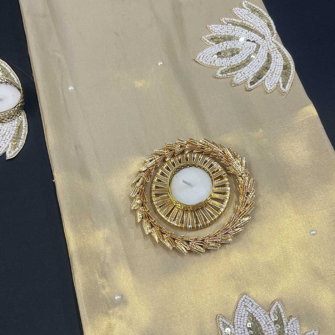 Handcrafted Reversible Gota Patti & Patchwork Thai Silk Gold Table Runner With Removable Tealight Holders