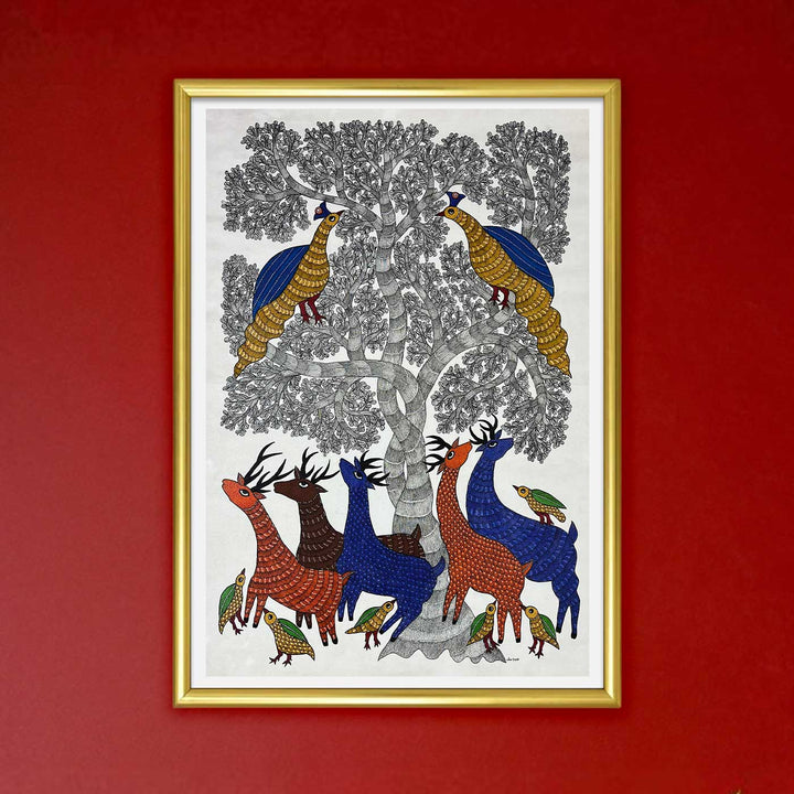 15 x 22 Inch | Peacock, Birds & Deers | Original Hand Painted Tribal Gond Art Painting | Acrylic Paints On Canvas