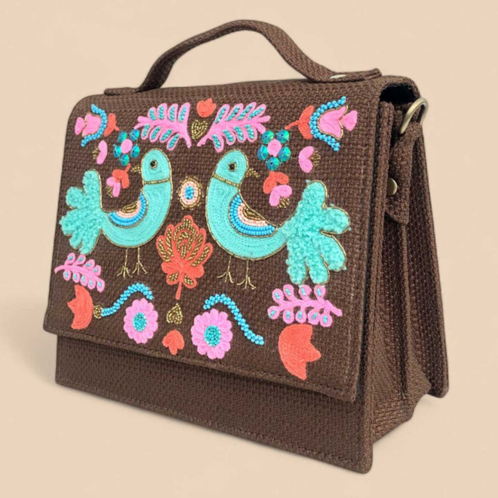 Handmade Embroidered Bird Design Brown Matrix Sling Bag