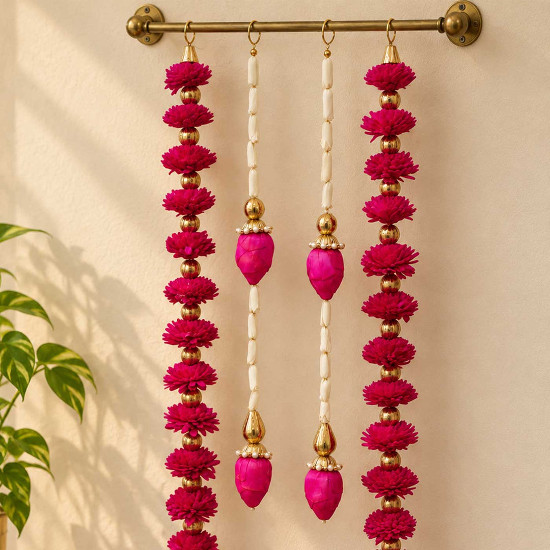 4 Pc | Handmade Mohani Magenta & Pink Sola Wood Flower Door Hangings with Lotus Bud Drops