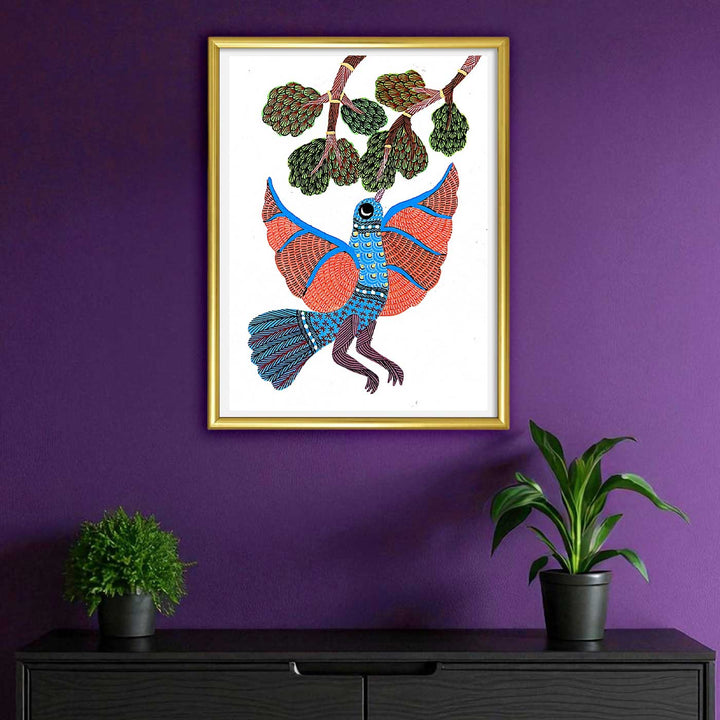 6 x 8 Inch | Bird Reaching Tree | Original Hand painted Tribal Gond Art Painting | Acrylic Paints On Paper