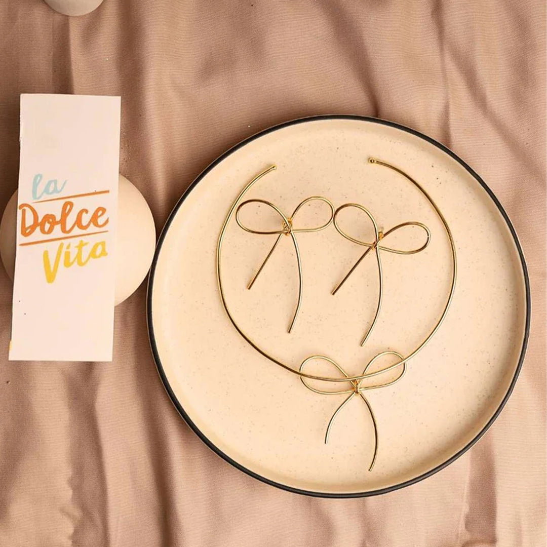 Handmade Bow Bliss 18k Gold Plated Brass Necklace With Earrings | Set Of 3