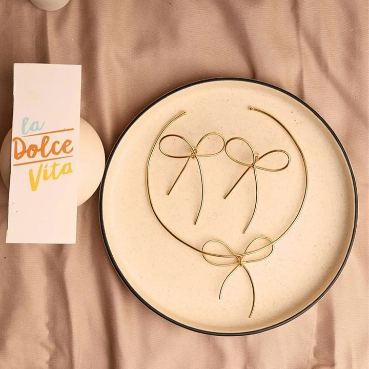 Handmade Bow Bliss 18k Gold Plated Brass Necklace With Earrings | Set Of 3