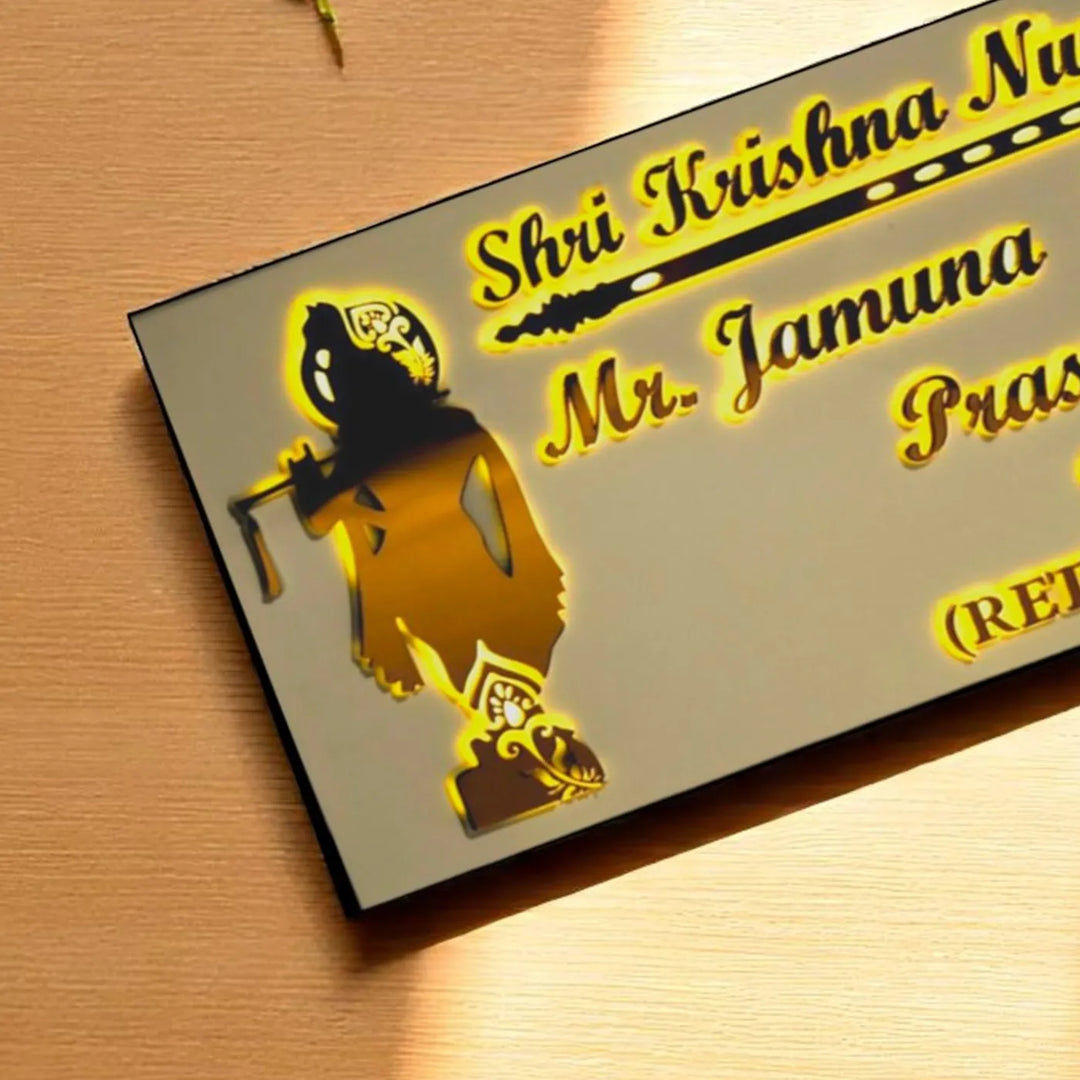 Personalized Krishna Theme Acrylic Name Plate With Lights