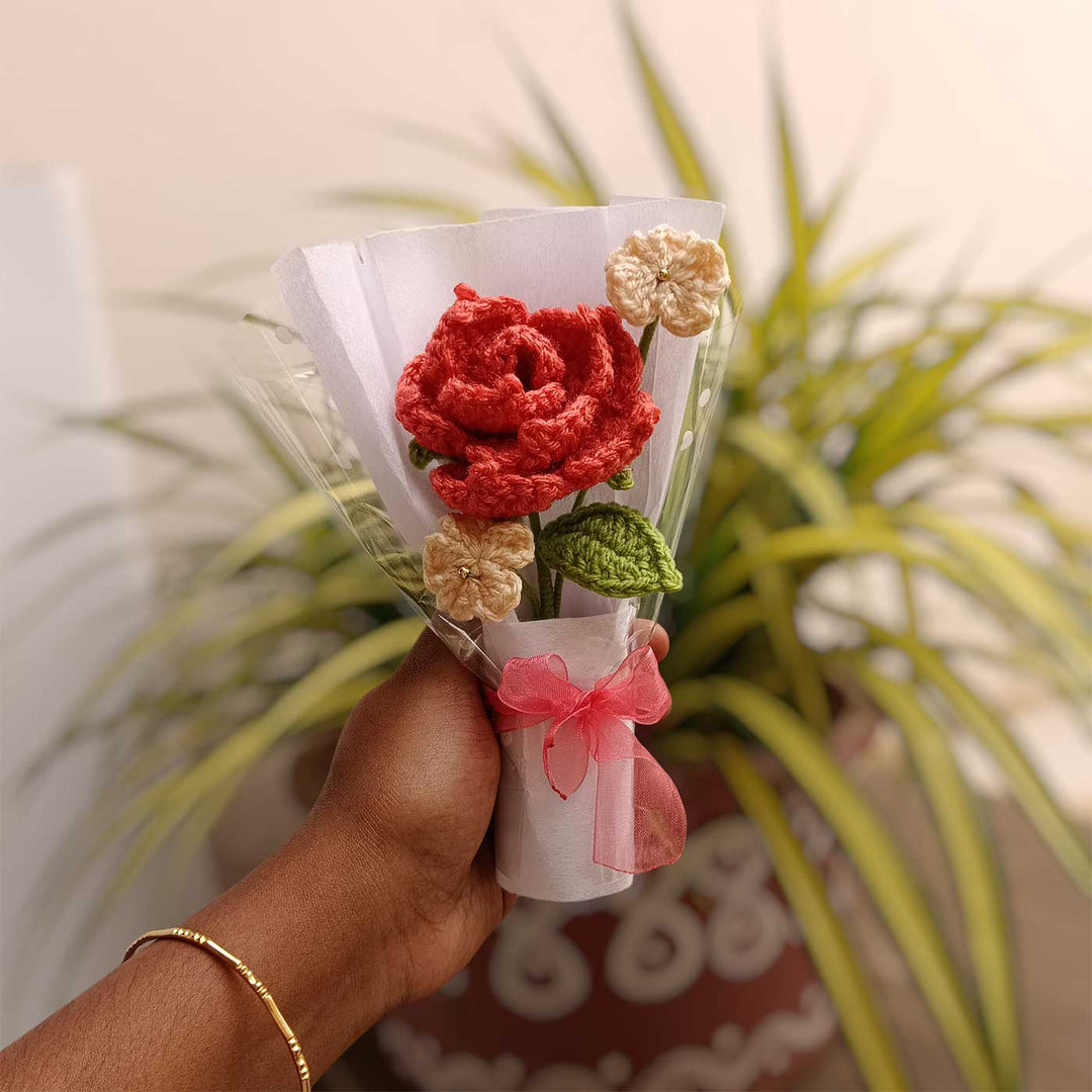 Handmade Crochet Red Rose Mini Flower Bouquet | Includes Photo & Greeting Card