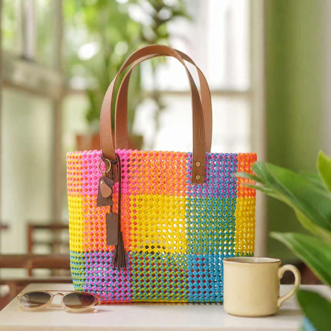Handmade Vibrant Multicolor Checkered Wire Koodai Tote Bag