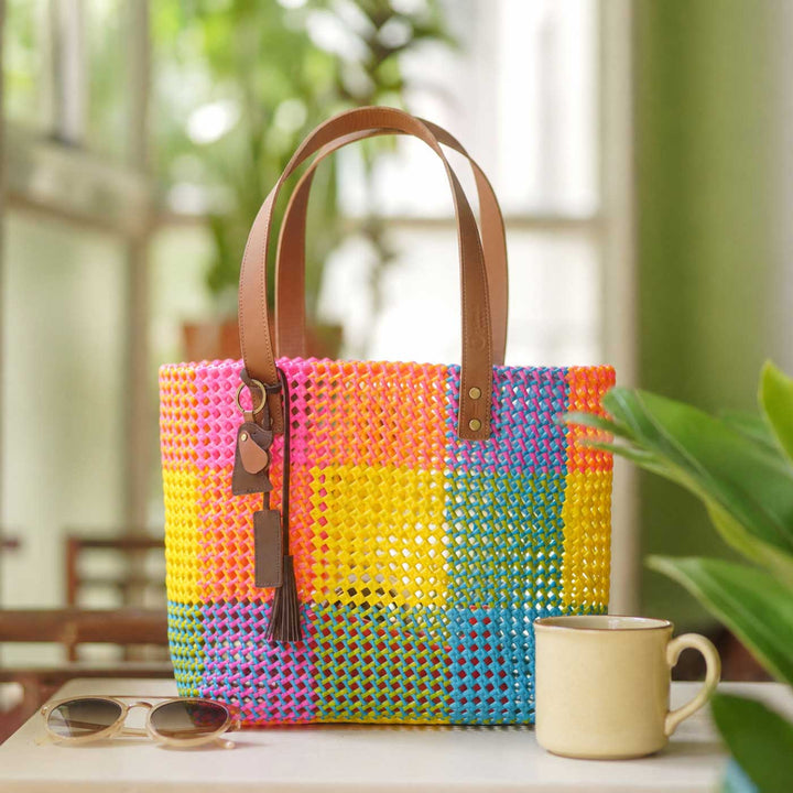 Handmade Vibrant Multicolor Checkered Wire Koodai Tote Bag