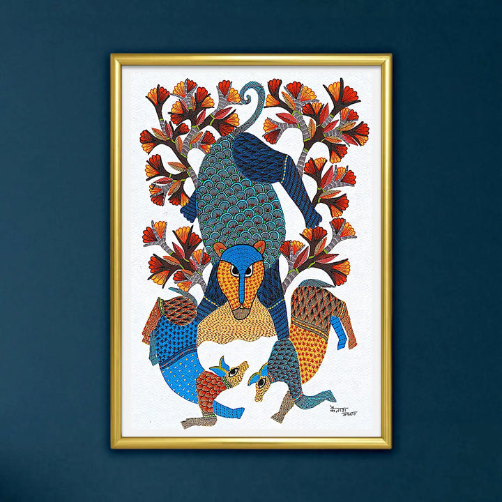11 x15 Inch | Lion & Deer | Original Hand Painted Tribal Gond Art Painting | Acrylic Paints On Paper