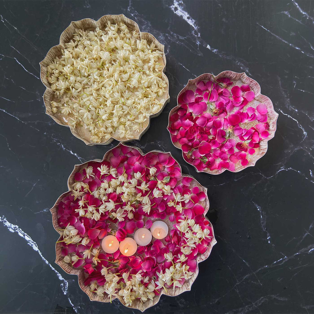 3 Pc | Lotus Shape Iron Urli Tray Set
