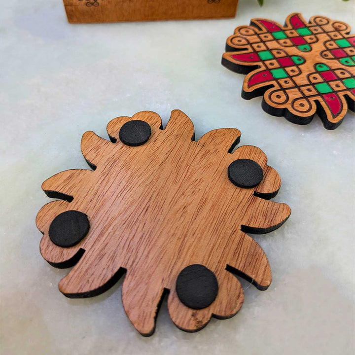 2 pc | Hand-Painted Engraved Mahogany Wood Floral Kolam Coasters With Holder For Coffee Table & Dining Decor