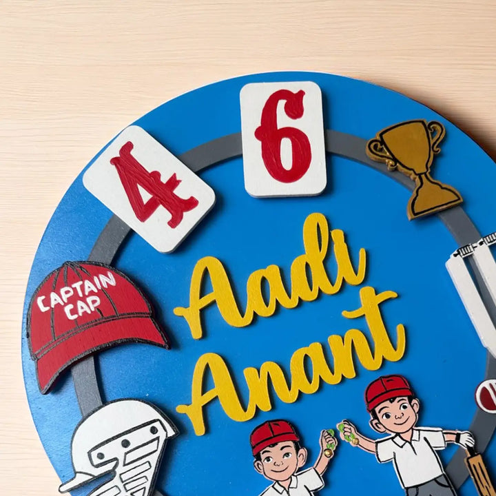 Personalized Cricket Theme MDF Wood Kids Name Plate For Siblings