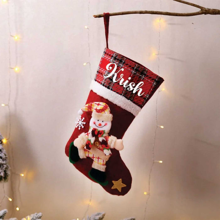 Personalized Plaid Band Linen & Fur Stockings For Christmas Decoration