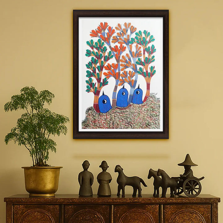 11 x 16 Inch | Blue Birds Under Trees | Original Hand Painted Tribal Gond Art Painting | Acrylic Paint On Paper