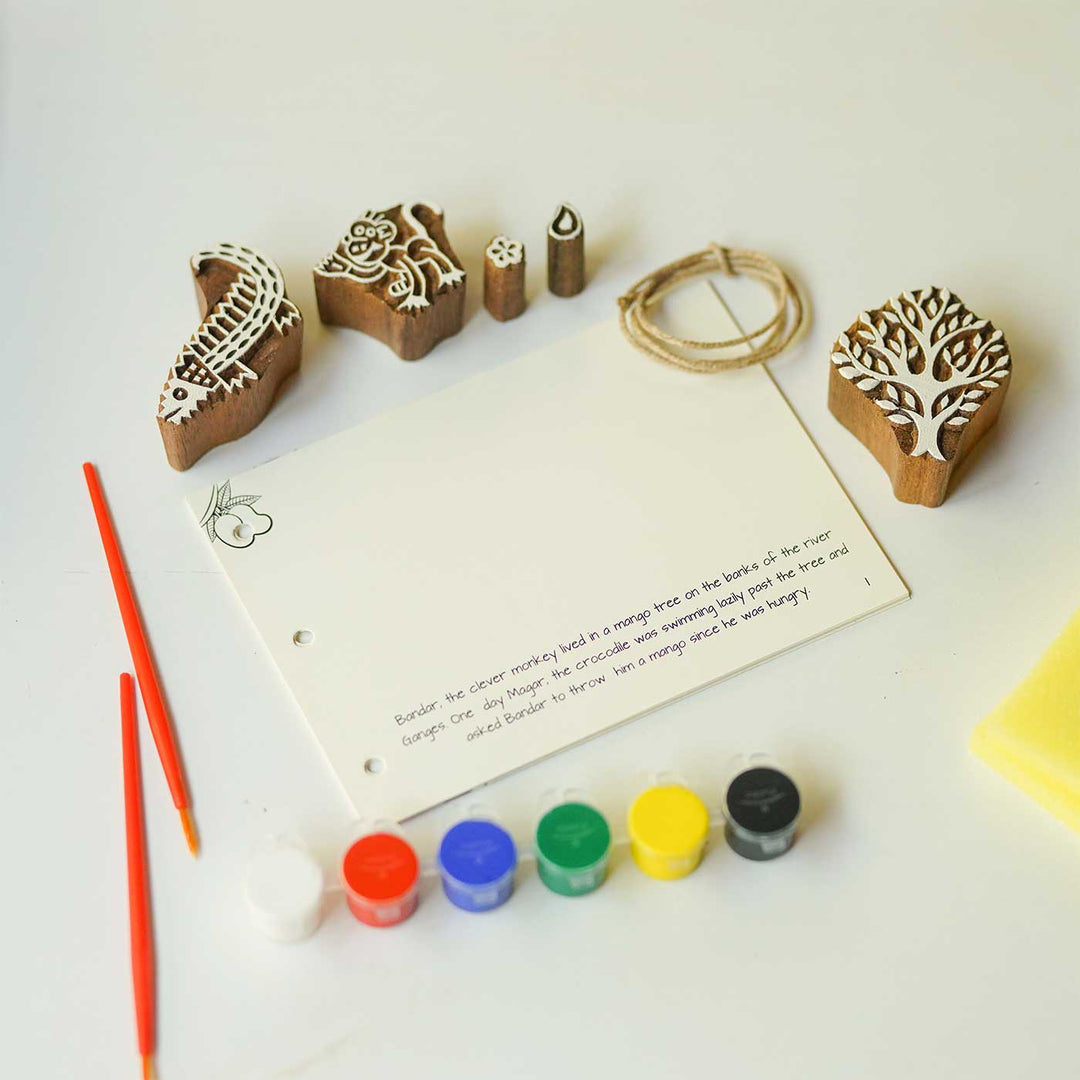 The Monkey and the Crocodile Panchatantra Block Printing DIY Kit | 5 Stamps, Poster Colours, Painting Brush, Printing Pads, Story Cards  And Jute String