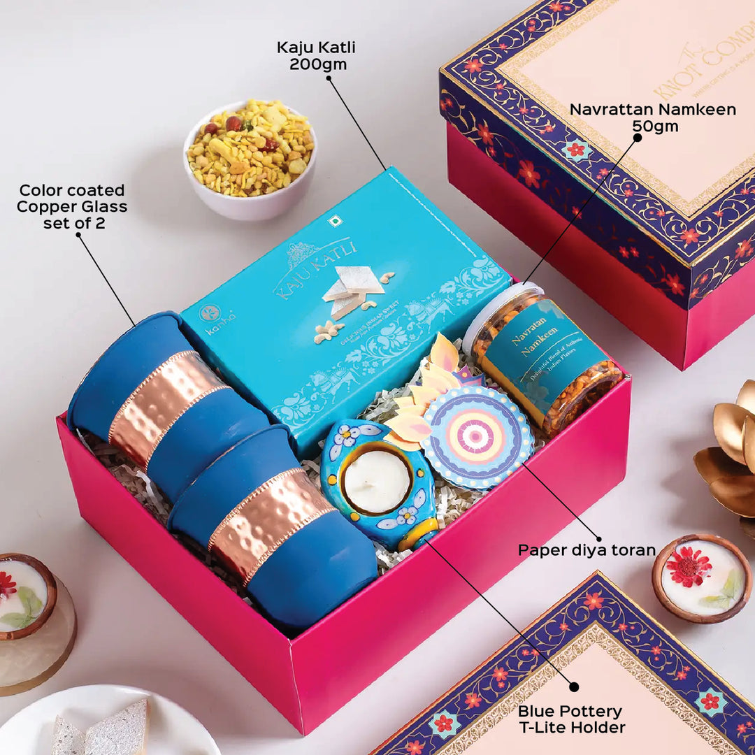 Premium Festive Diwali Gift Hamper | Includes 2 Copper Glasses, 1 Kaju Katli, 1 Tealight Holder, 1 Diya Toran, 1 Namkeen Jar, 1 Gift Box