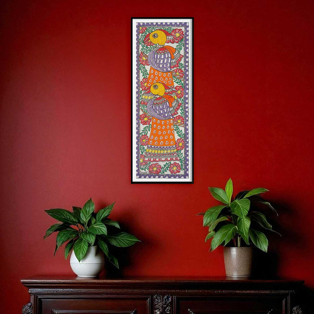 16 x 6 Inch | Duo Birds | Original Hand Painted Madhubani Painting | Acrylic Paints On Paper