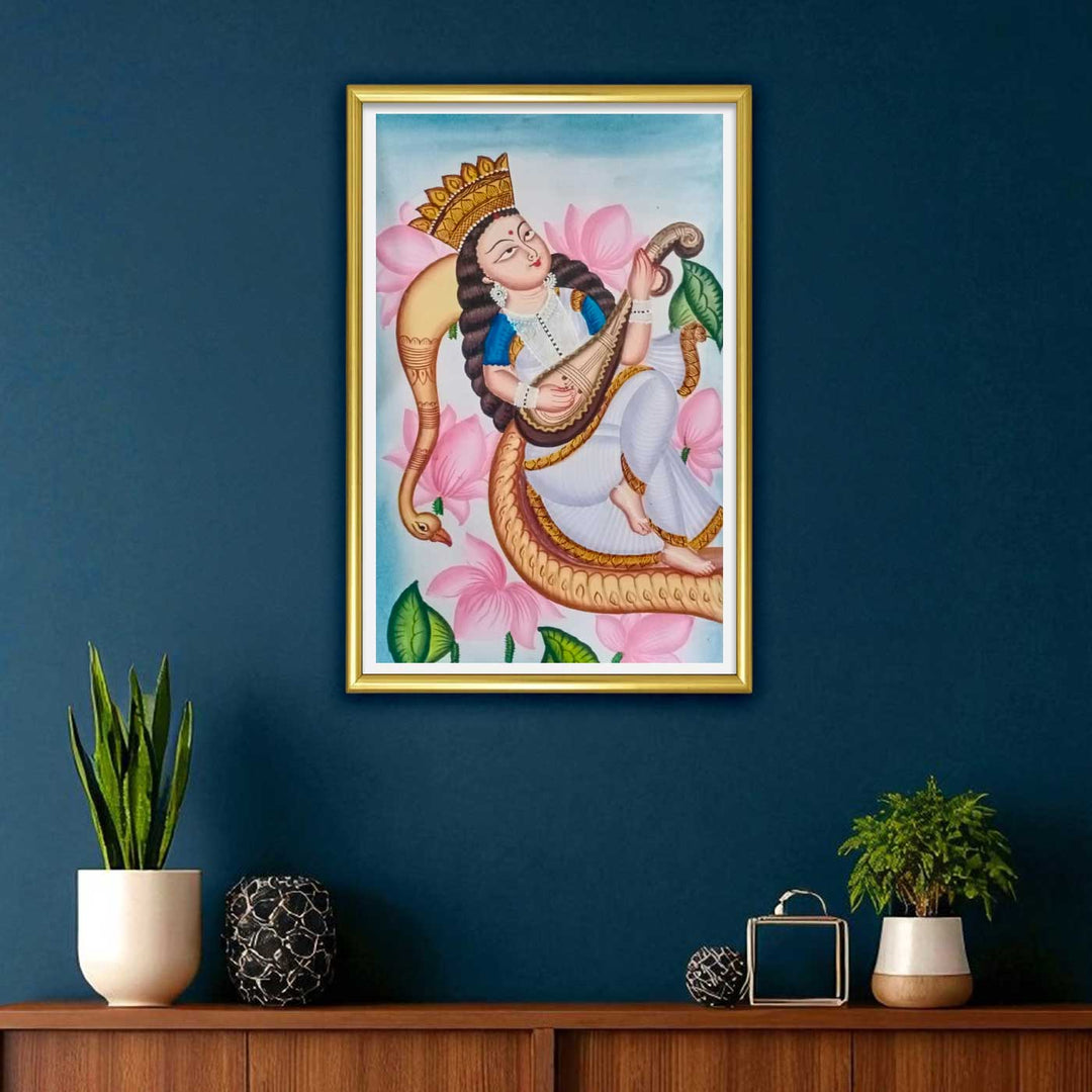 14 x 22 Inch | Veena Vahini | Original Hand Painted Kalighat Painting | Natural Colors On Paper