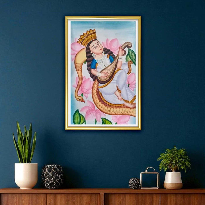 14 x 22 Inch | Veena Vahini | Original Hand Painted Kalighat Painting | Natural Colors On Paper