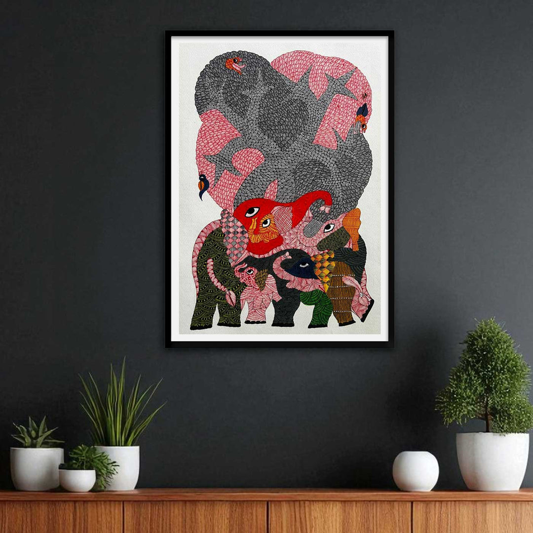 15 x 22 Inch | Elephants’ Canopy | Original Hand Painted Tribal Gond Art Painting | Acrylic Paints On Paper