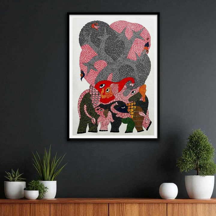 15 x 22 Inch | Elephants’ Canopy | Original Hand Painted Tribal Gond Art Painting | Acrylic Paints On Paper