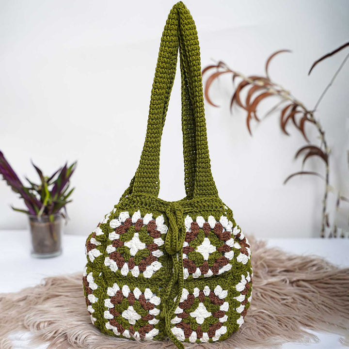 Handmade Crochet Military Green Commuter Cotton Handbag