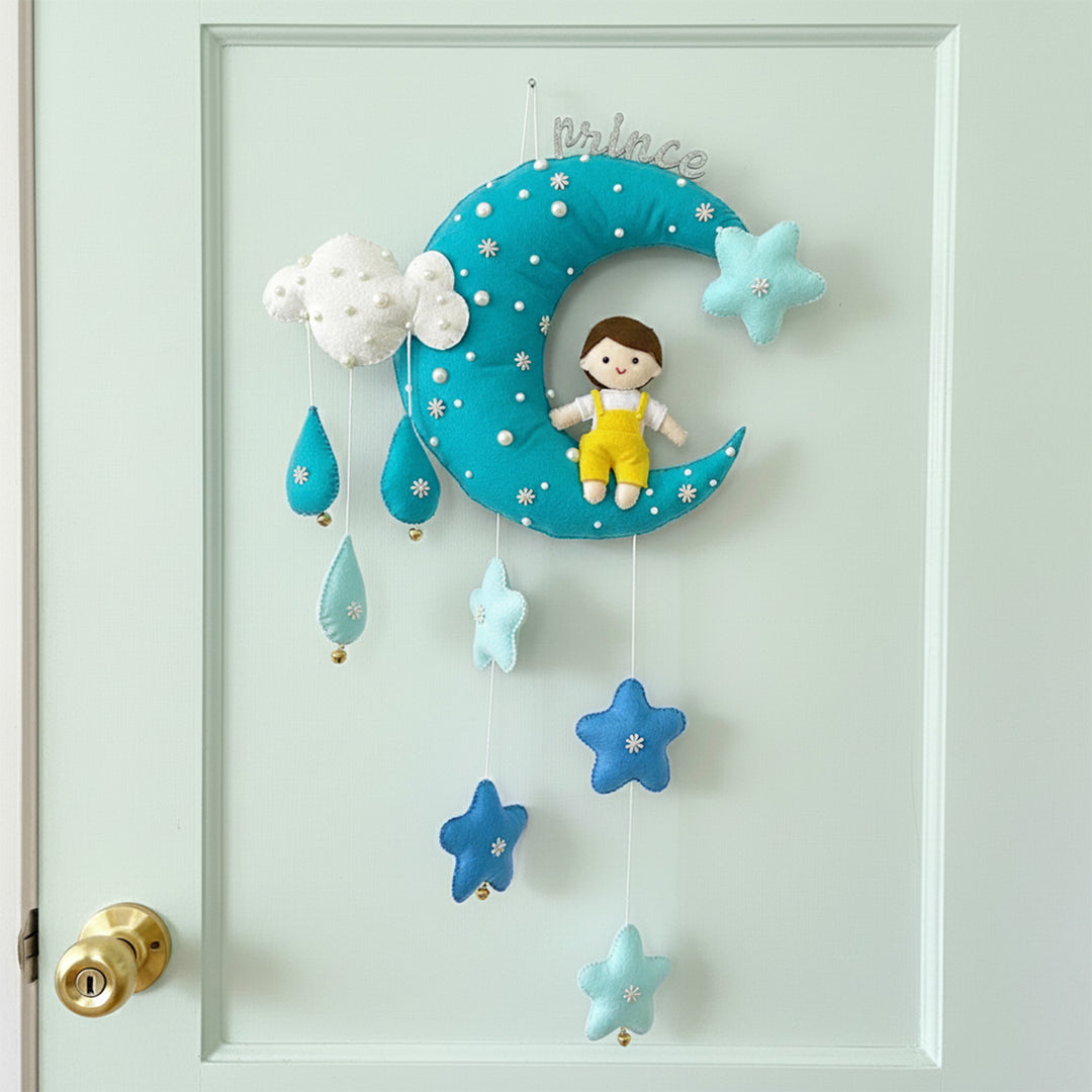 Personalized Handmade Moon Theme Felt Kids Name Plate With Date of Birth